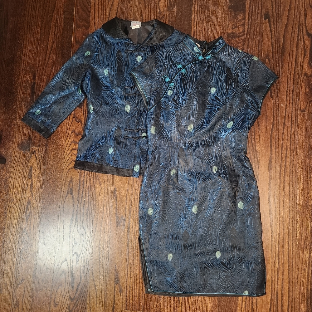 ASIAN THREADS Vintage Blue Jacquard Patterned Dress & Jacket Set
